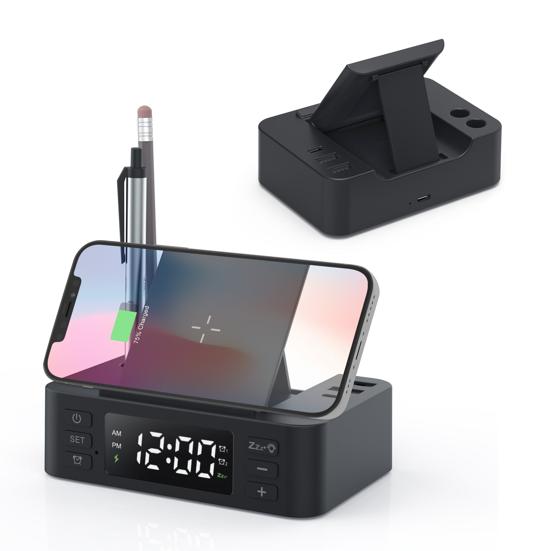 15W Wireless Charger with Clock, Phone & Pen Holder