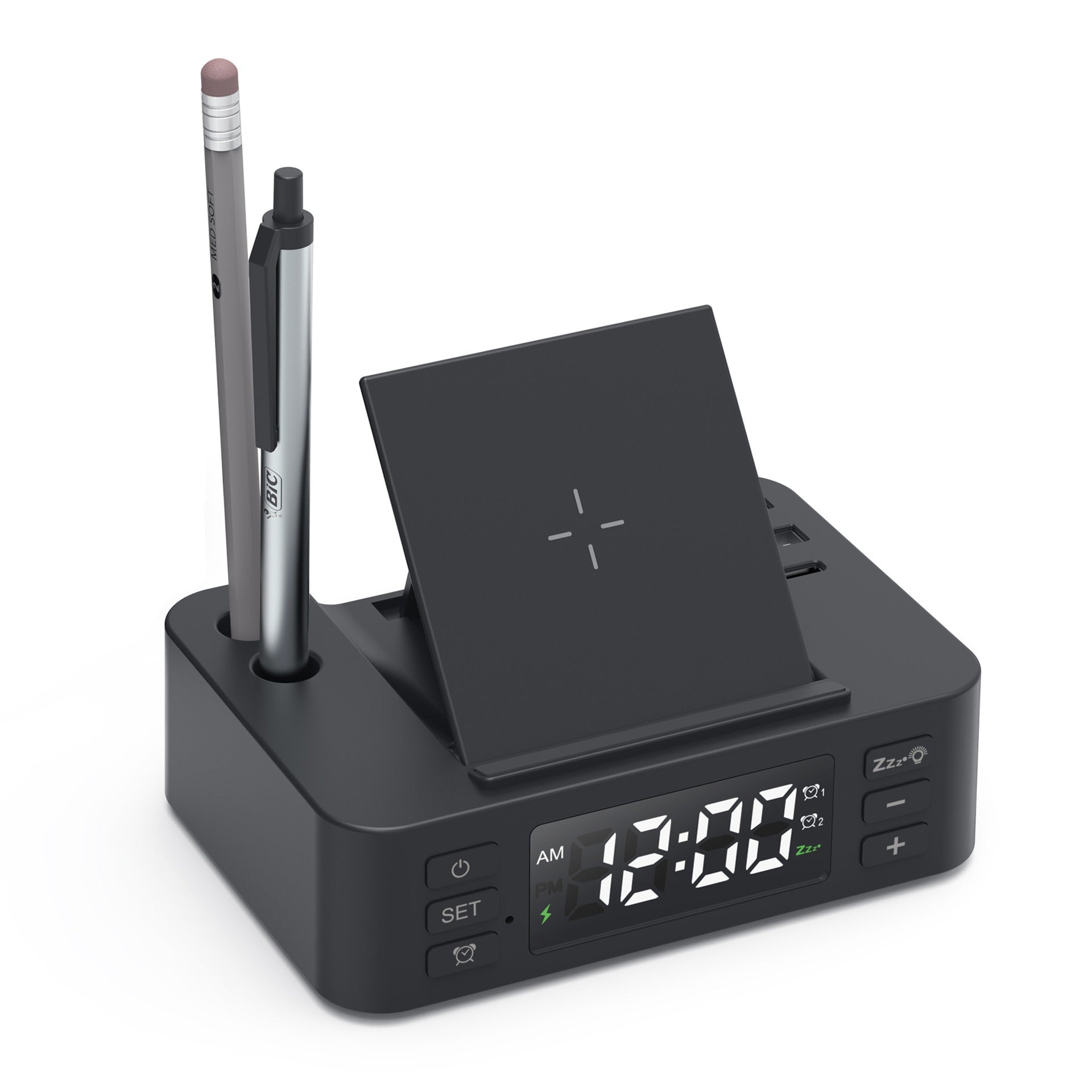 15W Wireless Charger with Clock, Phone & Pen Holder
